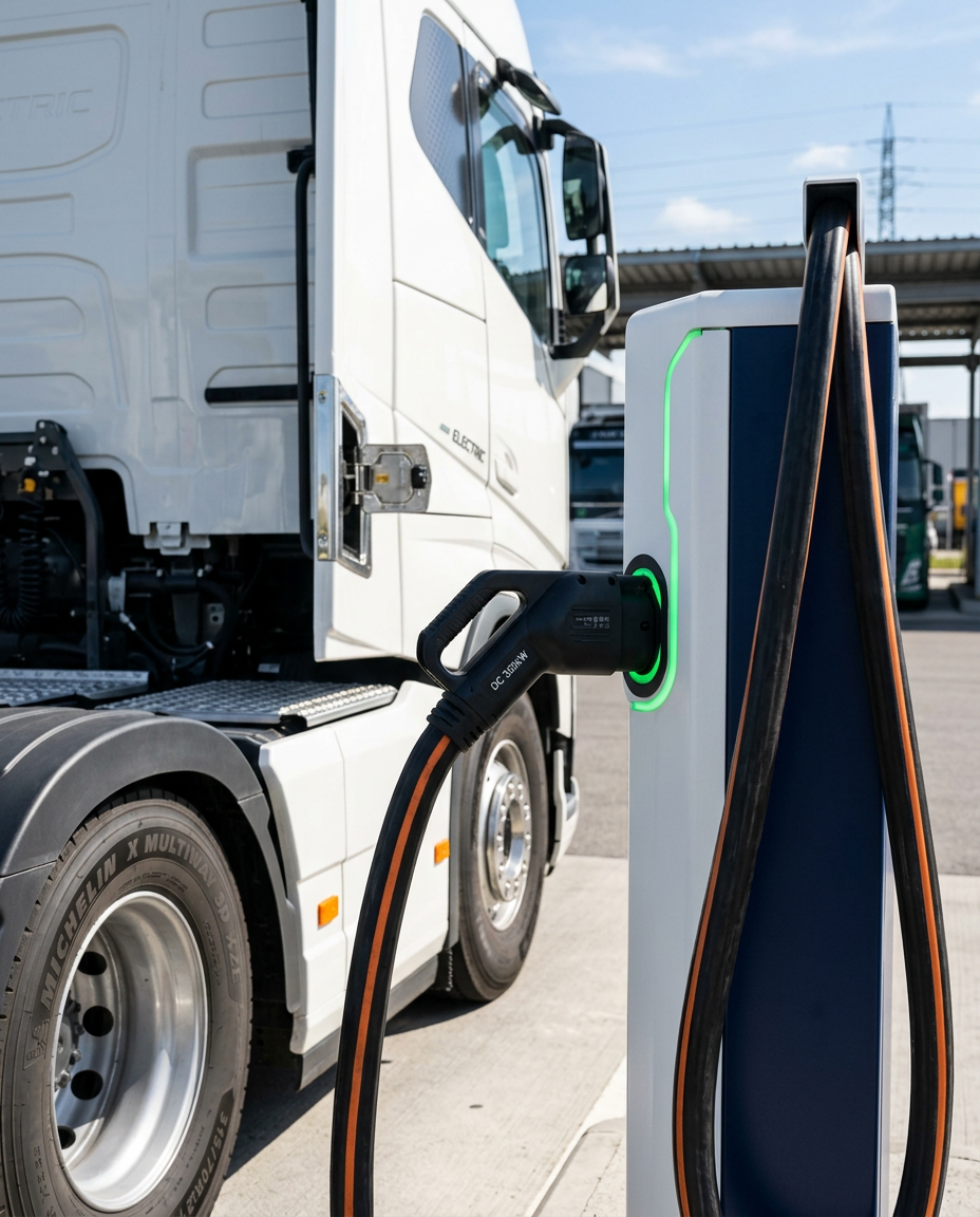 Close-up van een TruckCharge.be DC-snellaadpaal voor elektrische vrachtwagens, CCS-aansluiting, tot +800 kW