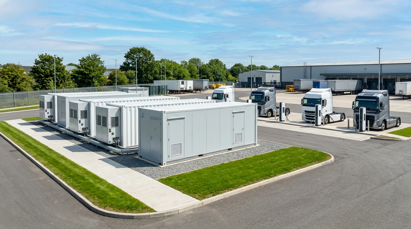 Batterijopslagsysteem BESS van TruckCharge.be bij een logistiek depot, daglicht, voor peak shaving en capaciteitstarifering