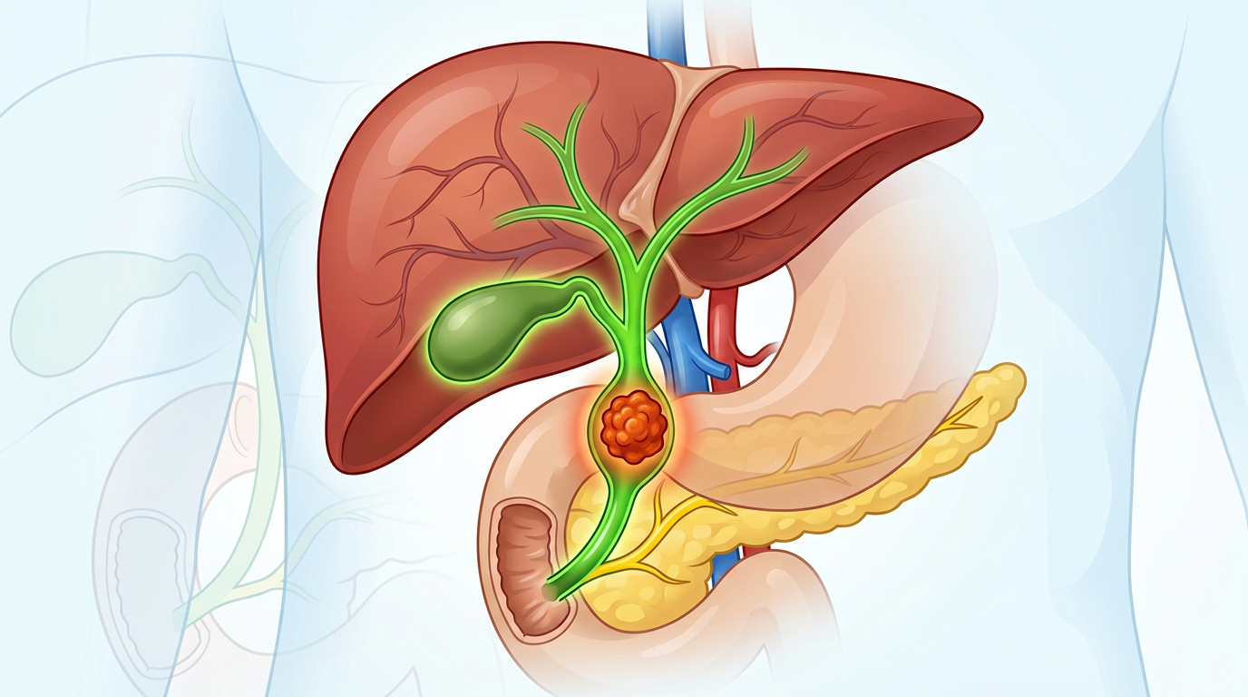 Conceptual bile duct cancer illustration showing the biliary tract