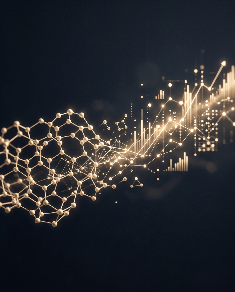 Golden molecular lattice transforming into ascending data charts — representing Shukri Dozom's analytical approach