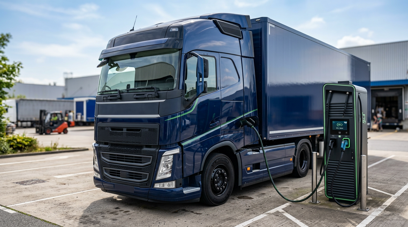 Europese e-truck (navy blauw) aan DC-lader loading=