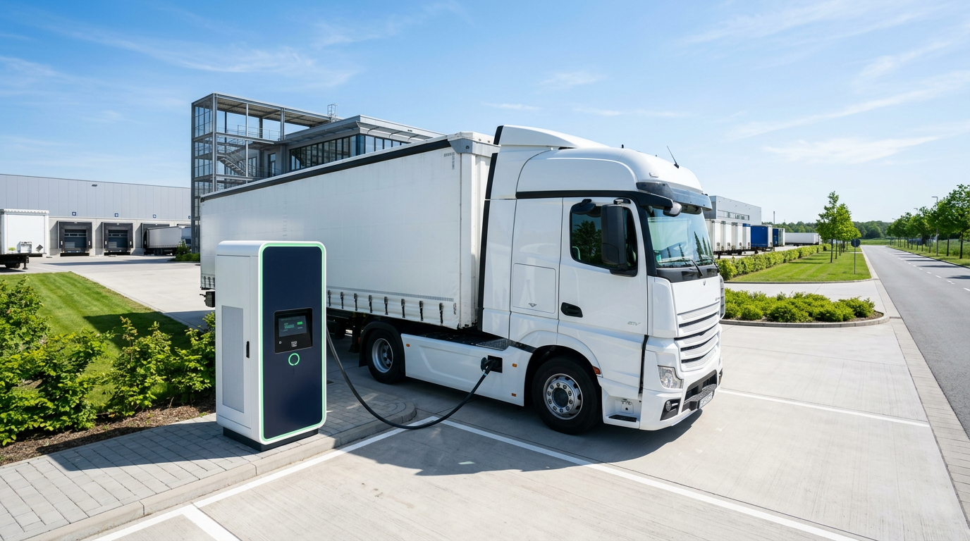 Elektrische vrachtwagen aangesloten op DC-snellader van TruckCharge.be bij een Belgisch depot, daglicht