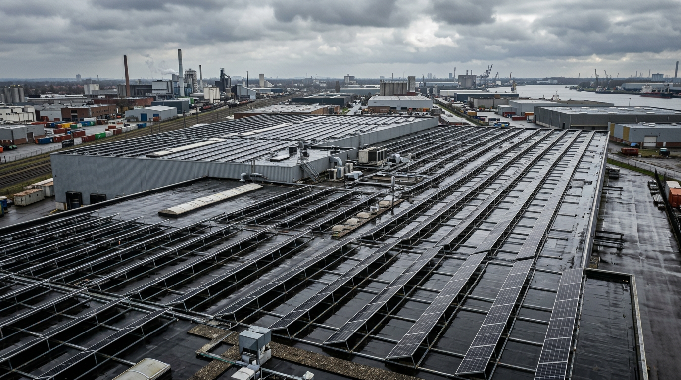 Zonnepanelen schuin geplaatst op industrieel dak